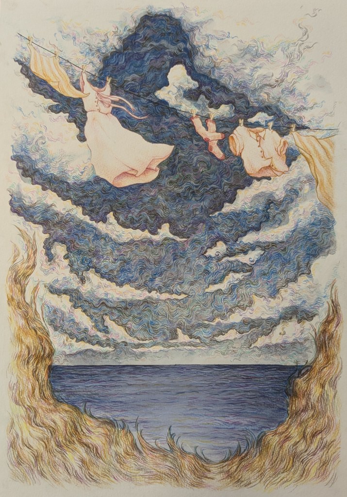 a highly detailed coloured pencil sketch of clothes on a washing line