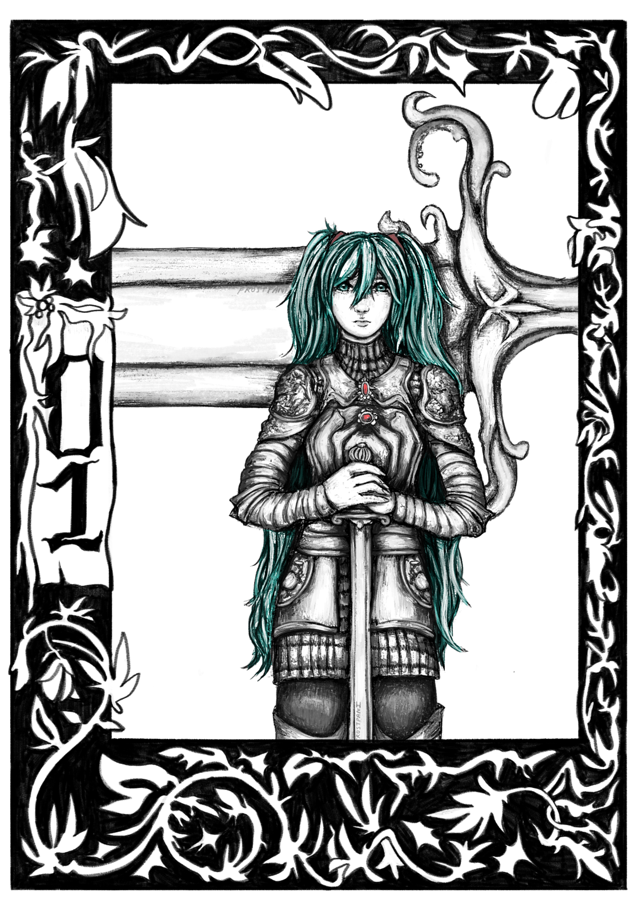 drawing in the style of a medieval artwork, depicting Hatsune Miku as a knight with a sword
