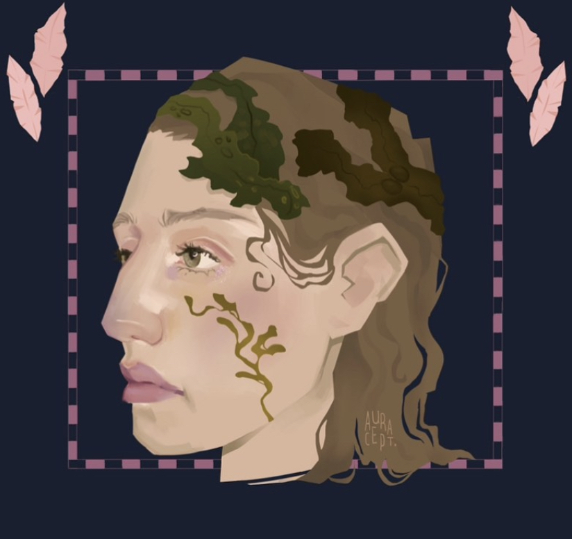a digital drawing of a woman with moss and plants growing across her face