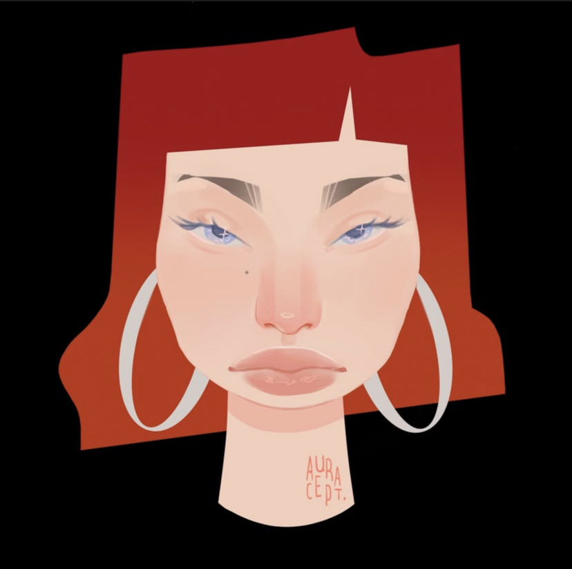 digital drawing of a woman with red hair and hoop earrings