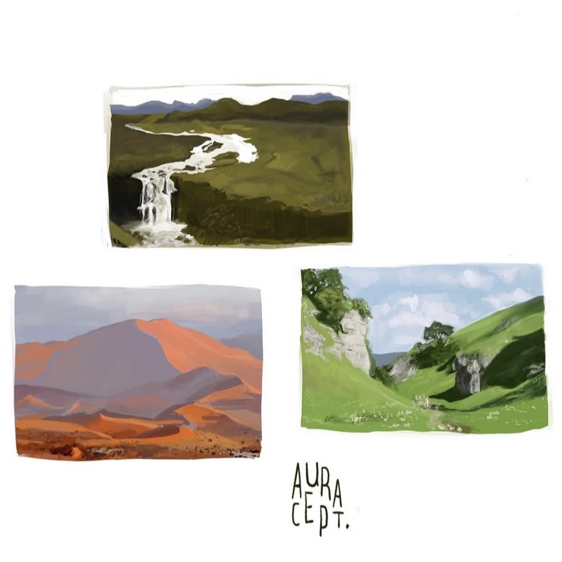 digital drawing of three differing landscapes, a waterfaall, a mountain and a green valley