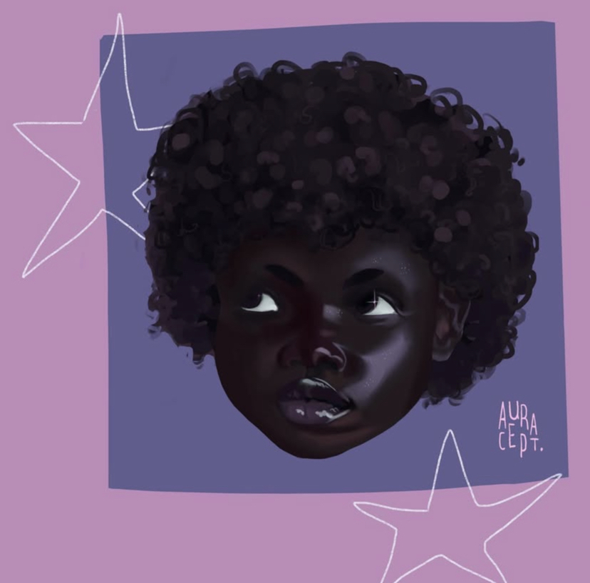 a digital drawing of a woman with dark skin and short curly hair