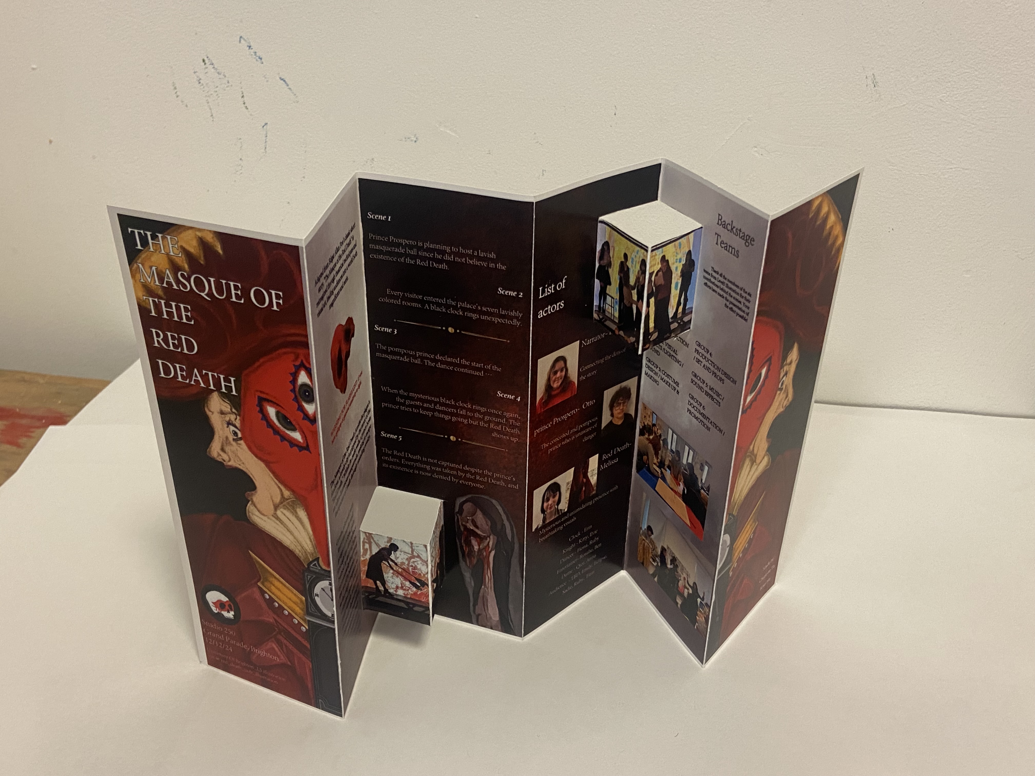 inside of fold out flier, including 3d elements and detailed drawings