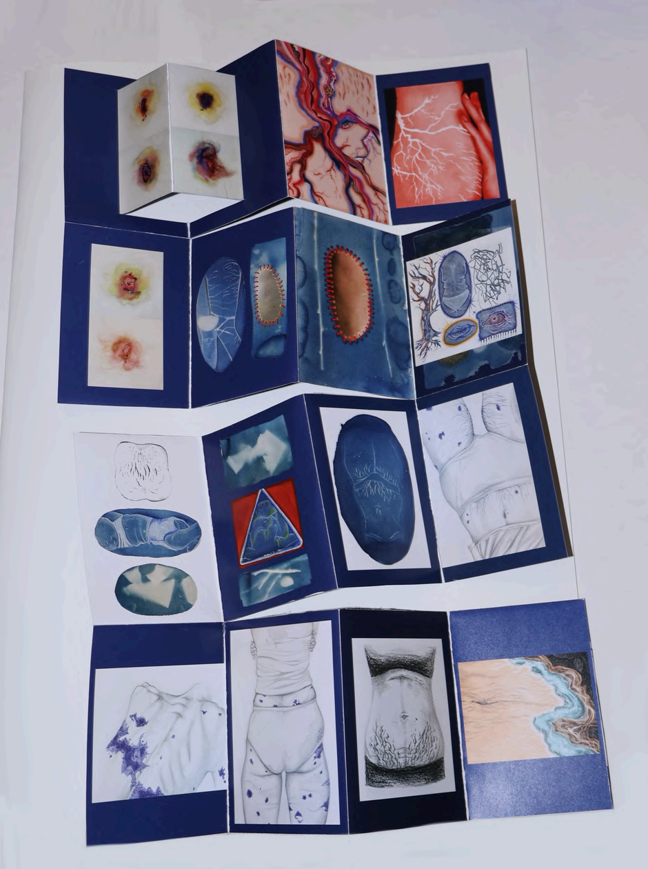 double page spreads of an art book depicting skin, scarring and other body tissue