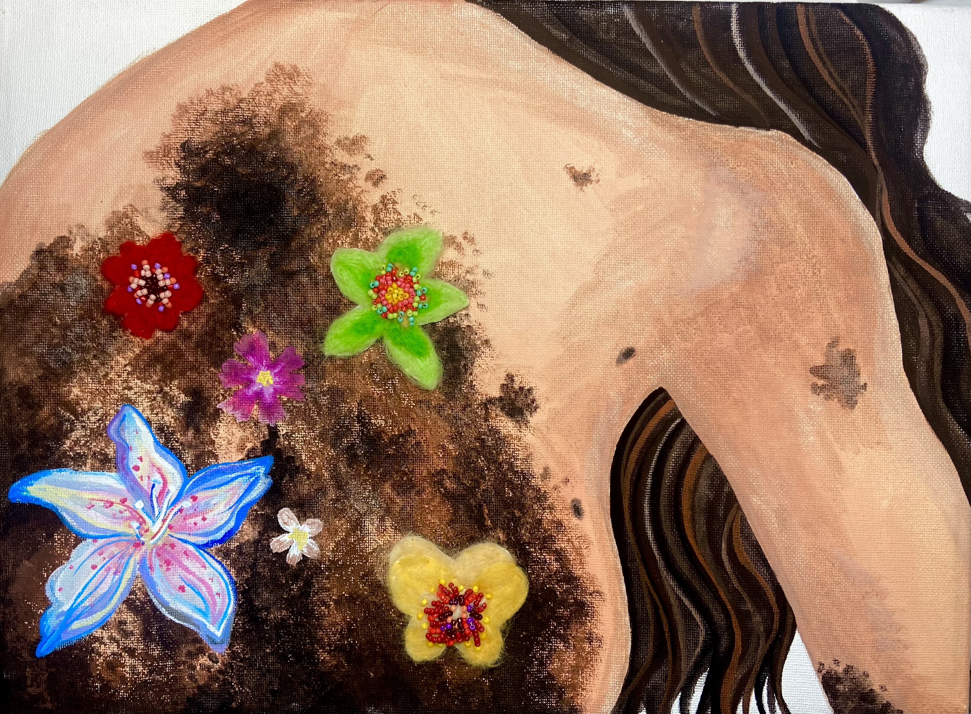 artwork of a woman facing away from the viewer, with flowers growing from the skin of her back