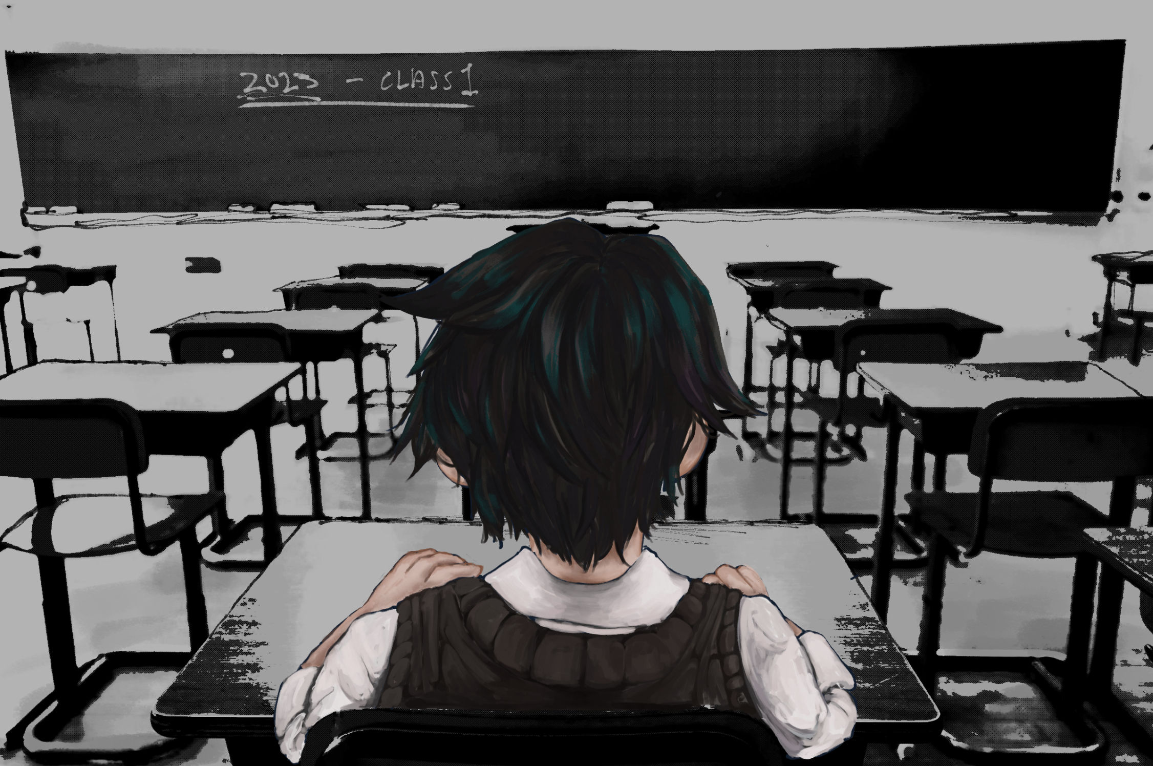 digital drawing in an anime style of a person sat facing away from the viewer in an empty classroom