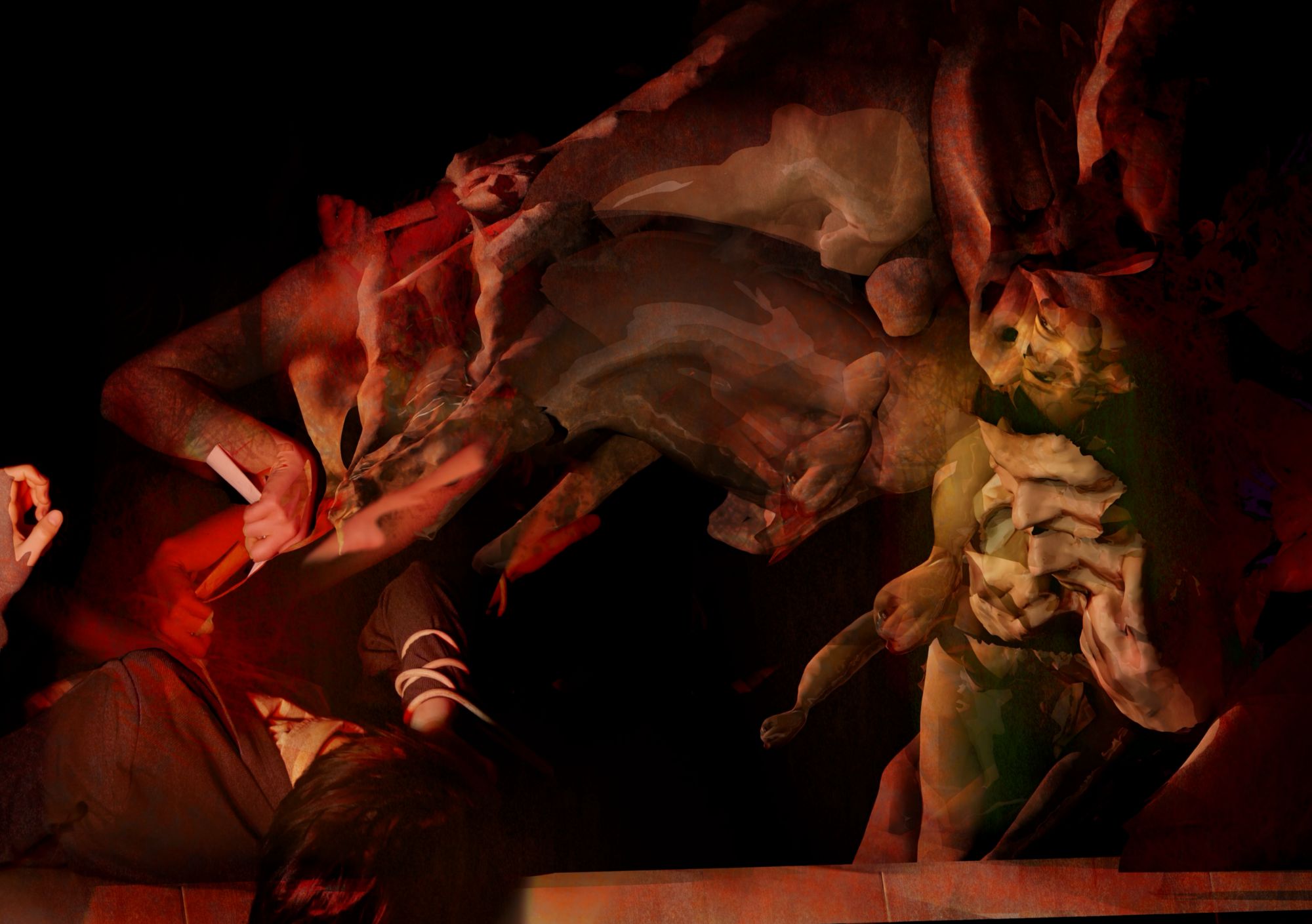 a 3d render of a vaguely human figure made from an amalgamation of flesh