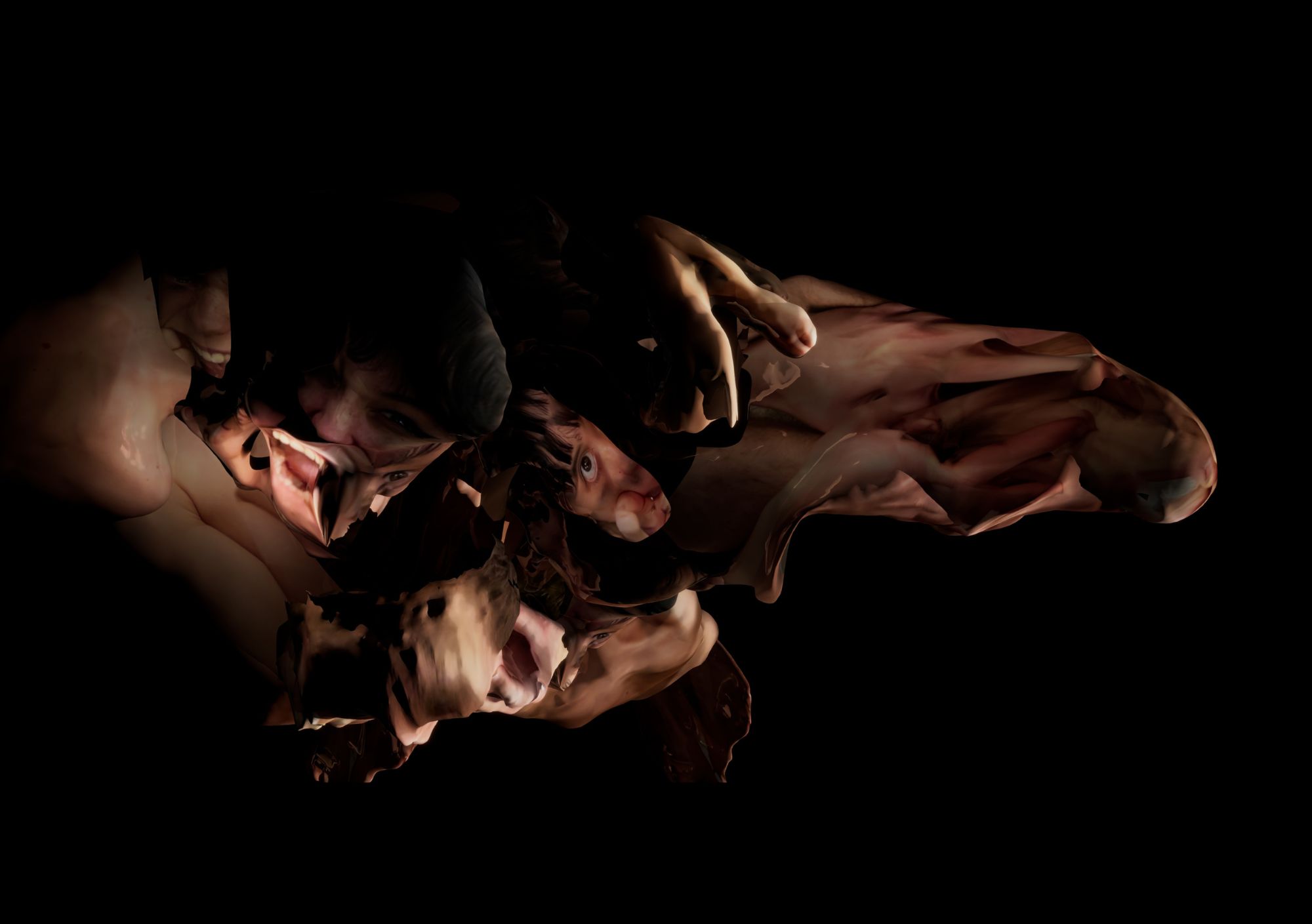 a 3d render of a vaguely human figure made from an amalgamation of flesh