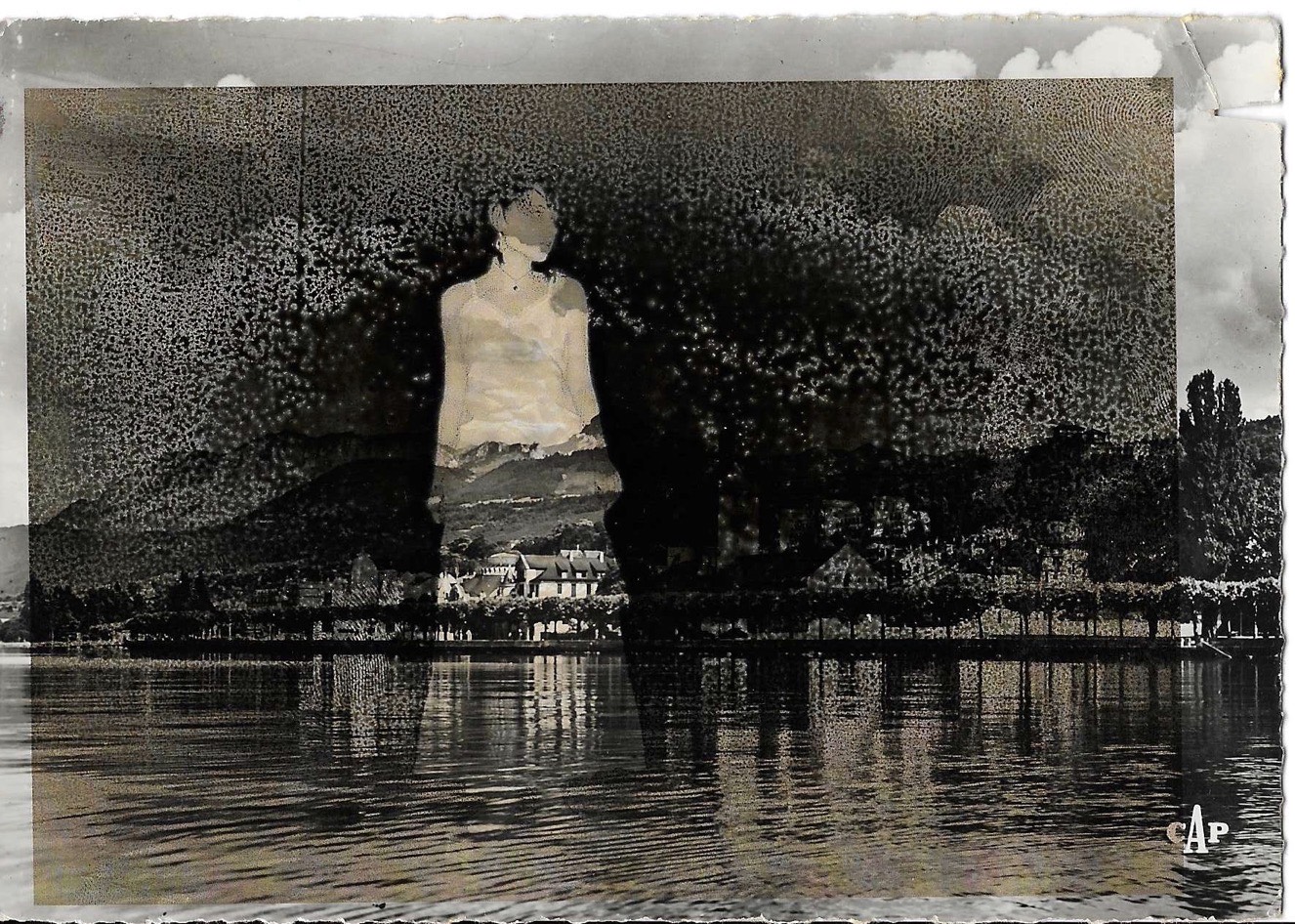 double exposed photograph of a lake and a young woman